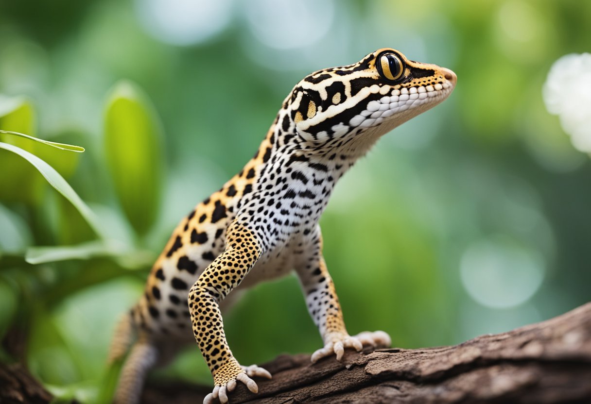 A leopard gecko exploring a variety of enriching activities in its habitat, such as climbing on branches, investigating new objects, and hunting for live insects
