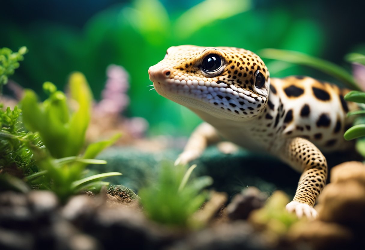 A leopard gecko lounges in a cozy terrarium, basking under a warm UV lamp. A shallow dish of water and a variety of hiding spots provide comfort and security