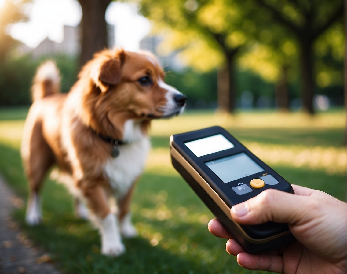 A dog with a microchip is found using a handheld scanner in a park