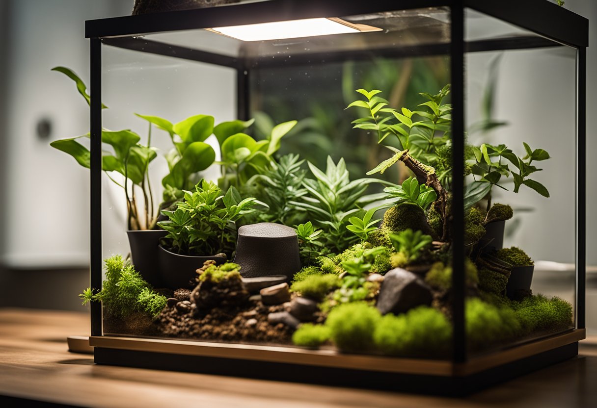 A terrarium with climbing branches, hiding spots, water dish, UVB light, heat source, substrate, and artificial plants for a new crested gecko setup