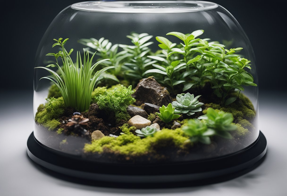 A terrarium with branches, plants, and hiding spots. Temperature and humidity gauges. UVB and heat lamps. Water and food dishes.substrate for burrowing