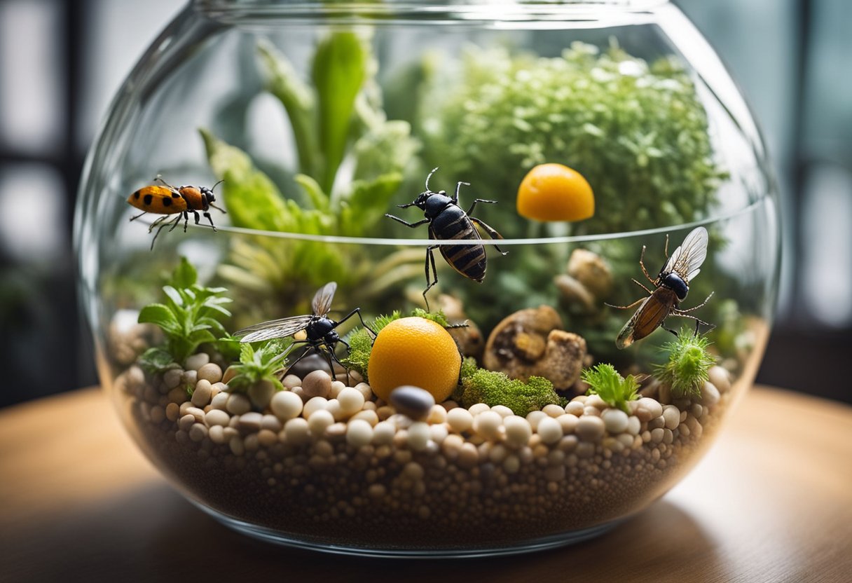 A terrarium with various insects, fruits, and calcium supplements. Water dish, hiding spots, and UVB light also included