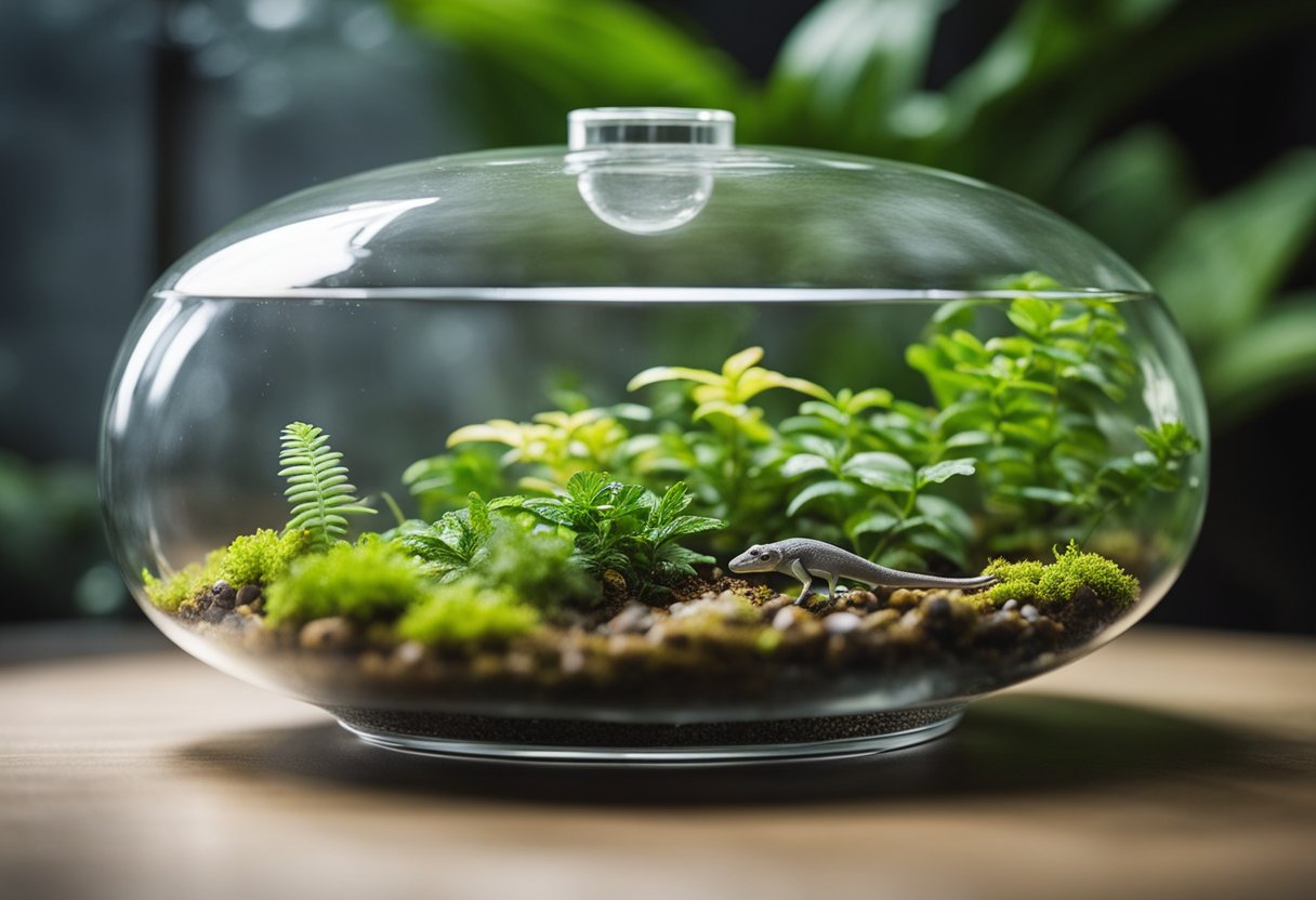 A terrarium with climbing branches, leafy plants, and a shallow water dish. A small feeding dish with powdered gecko diet and a misting bottle nearby. Temperature and humidity gauges on the wall