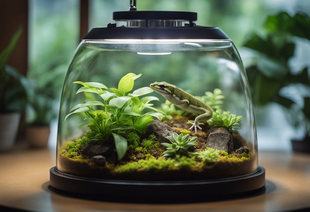 A terrarium with plants, branches, and a shallow water dish. A heat lamp and UVB light overhead. Substrate and hiding spots for the gecko