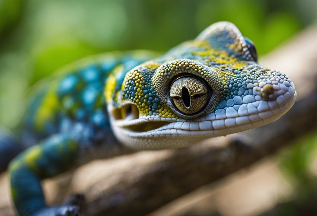 A gecko sits on a branch, its body relaxed. It closes its eyes and takes a deep breath. It exhales slowly, its body becoming still. The gecko repeats this process four more times, becoming calmer with each breath