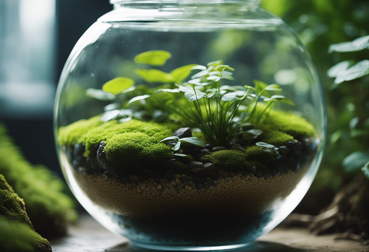 A serene terrarium with soft, natural lighting. A shallow pool of water reflects the gentle sway of plants. The air is filled with the sound of a trickling waterfall. A cozy hiding spot is nestled among the foliage