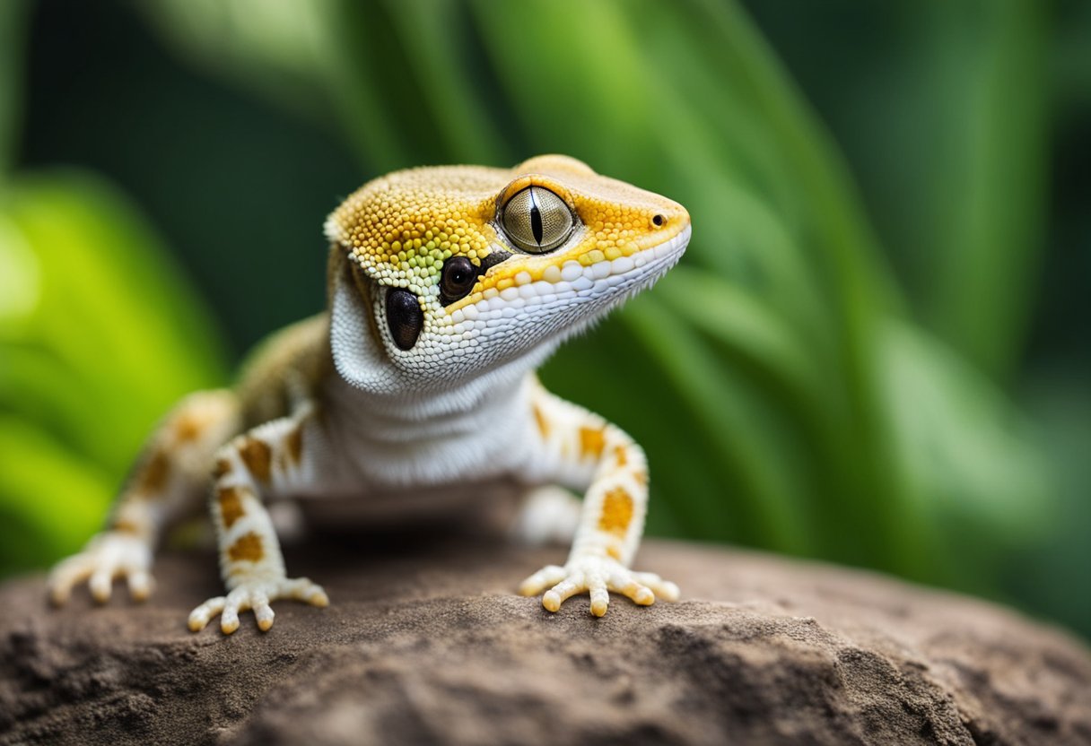 A gecko sits calmly on a rock, surrounded by a variety of nutritious foods such as insects, fruits, and vegetables. A small dish of water is also present nearby
