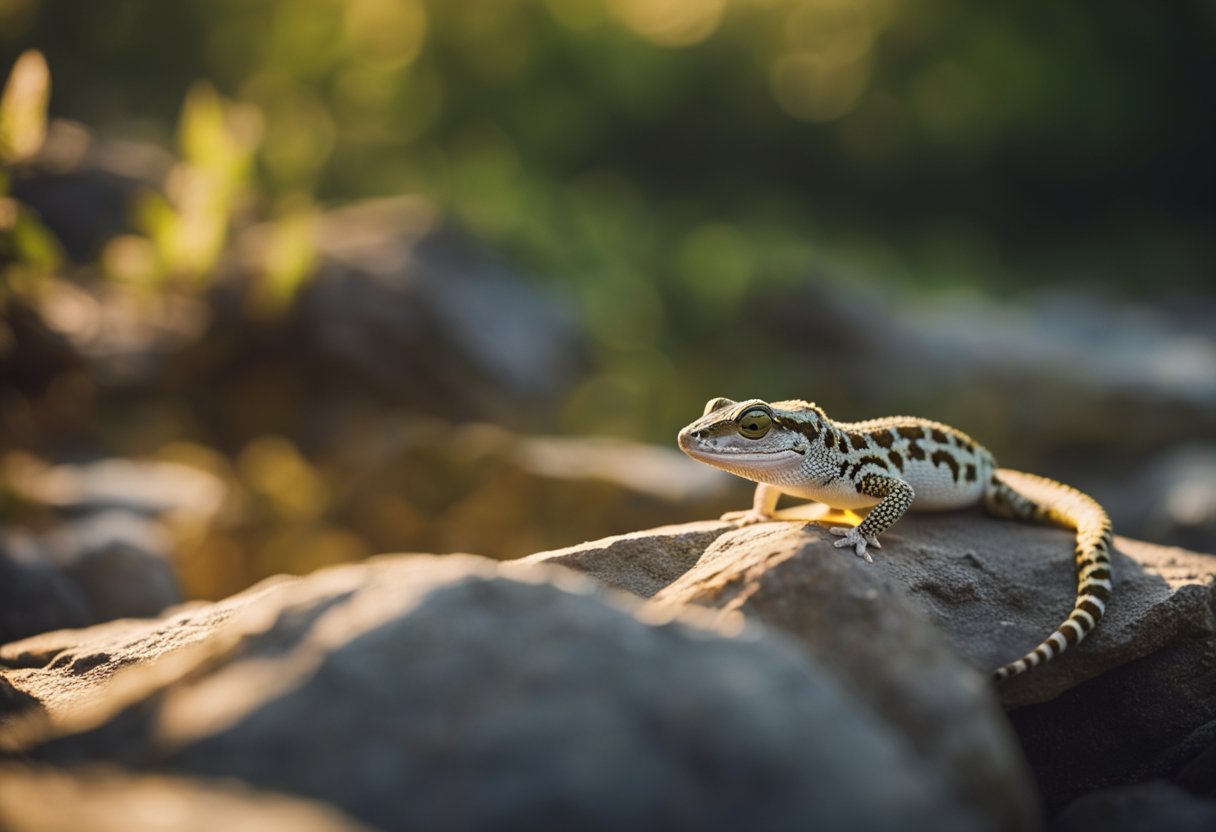 A gecko perched on a rock, surrounded by peaceful nature. A gentle stream flows nearby, while the sun sets in the distance, casting a warm glow over the scene
