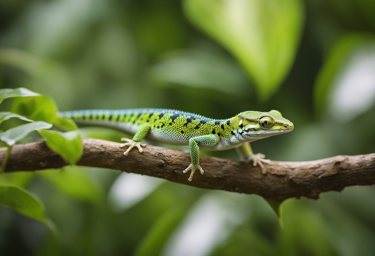 A gecko sits on a branch, its body relaxed. Nearby, a small dish of water and some insects await. The setting is peaceful and natural