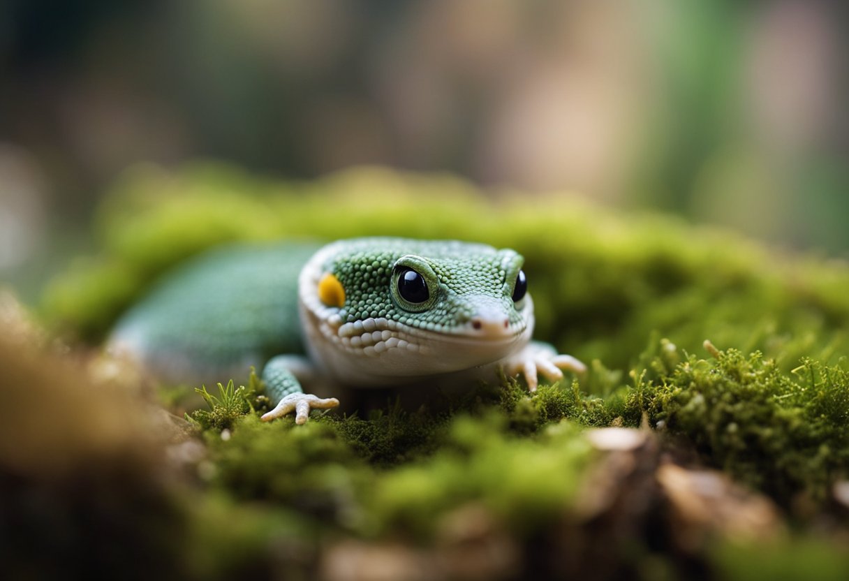 A small plastic container is filled with damp moss, placed inside a leopard gecko's enclosure. The gecko enters and curls up inside, enjoying the moist environment