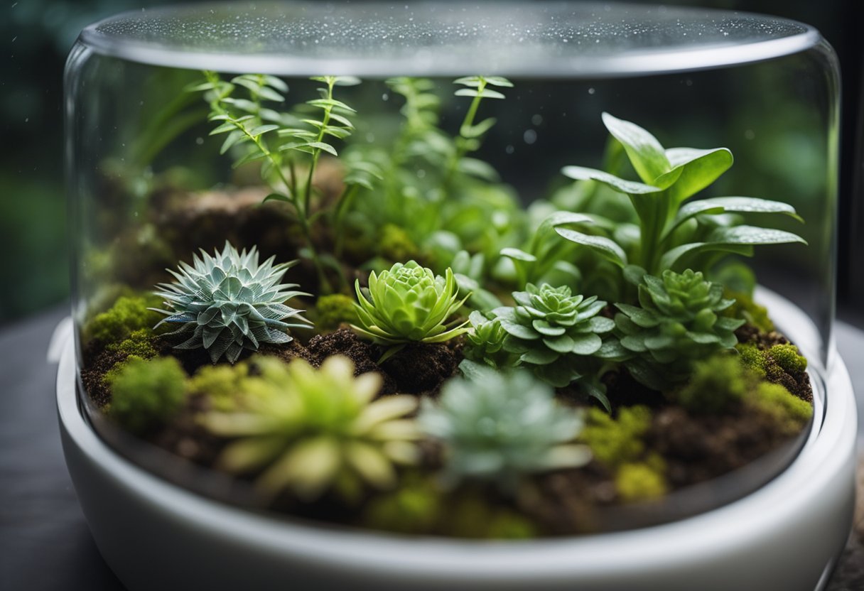 A terrarium with a damp substrate, a shallow water dish, and a humid hide. Heat source and thermometer also present