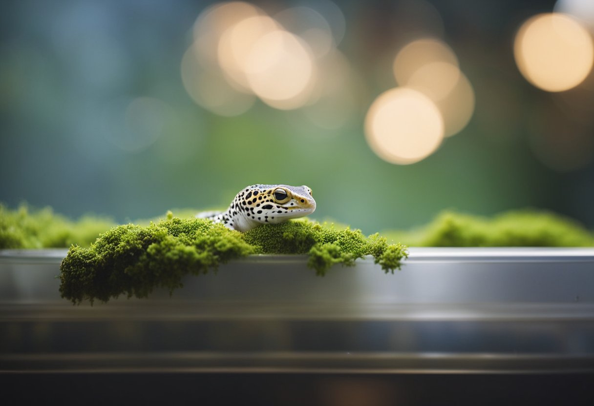 A plastic container with a hole in the lid, filled with damp moss or paper towels. A leopard gecko enters the hide, seeking moisture and security