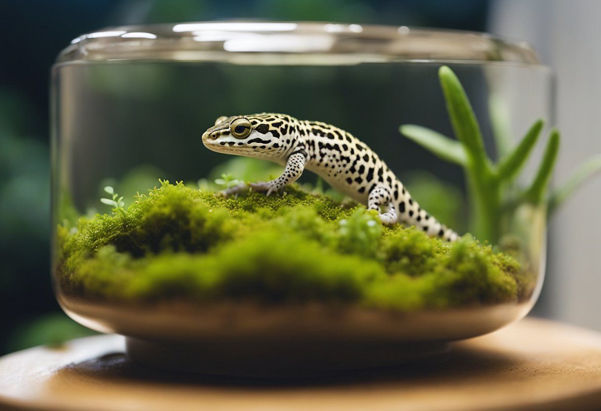 A small plastic container filled with damp moss sits in a corner of the leopard gecko's terrarium. The gecko curls up inside, enjoying the moisture and warmth of its hide