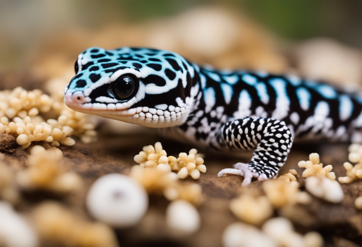 Leopard geckos in various states of illness, such as metabolic bone disease and parasitic infections, displayed in a veterinary setting