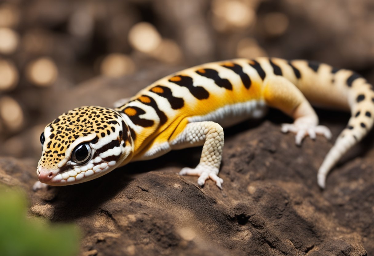 A leopard gecko with a swollen belly, lethargic posture, and abnormal bowel movements. Skin may appear discolored or rough