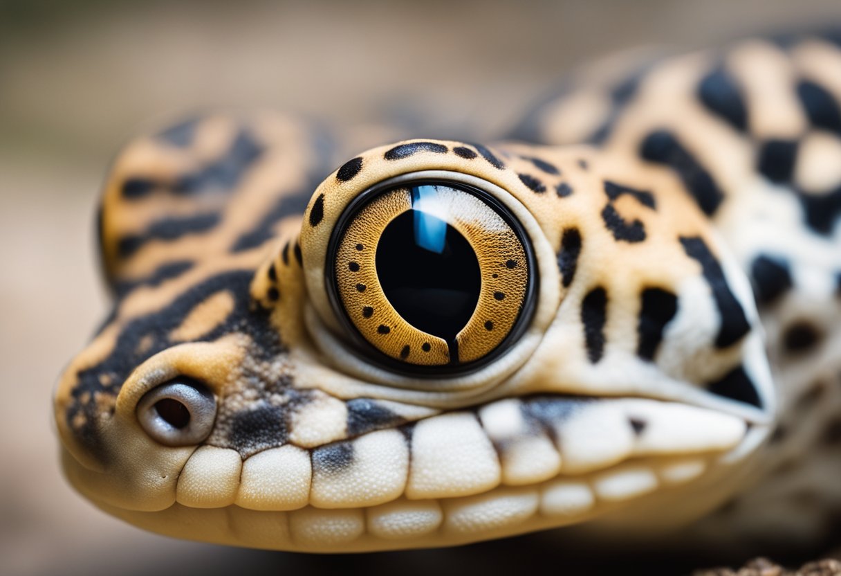 A leopard gecko with dull, patchy skin and drooping eyes, surrounded by shedded skin and displaying signs of illness