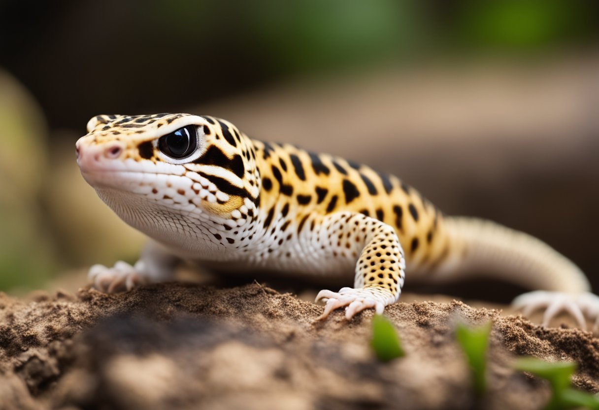 A leopard gecko with signs of common diseases like metabolic bone disease, mouth rot, and respiratory infections