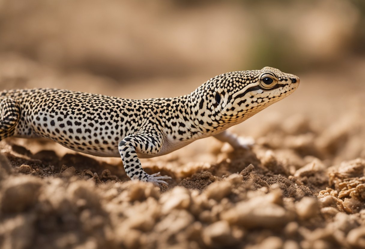 A leopard gecko is hunting for insects in its natural desert habitat, using its keen eyesight and quick reflexes to catch its prey