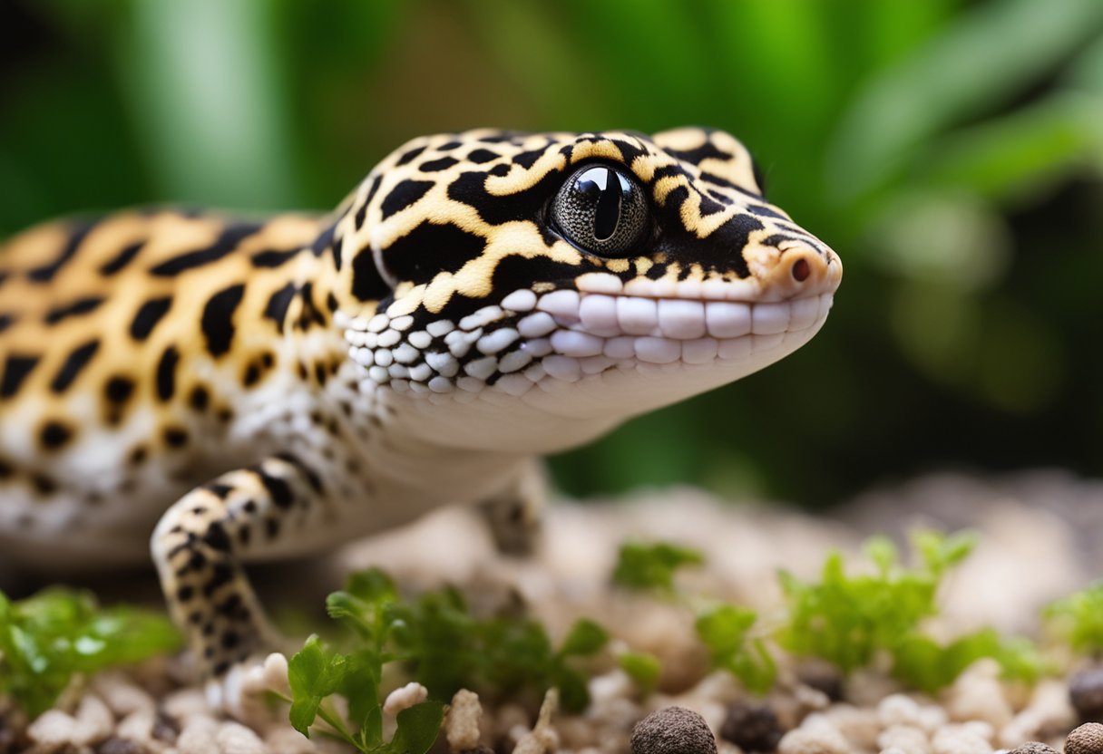 A leopard gecko is shown feasting on insects in its terrarium, displaying its carnivorous nature