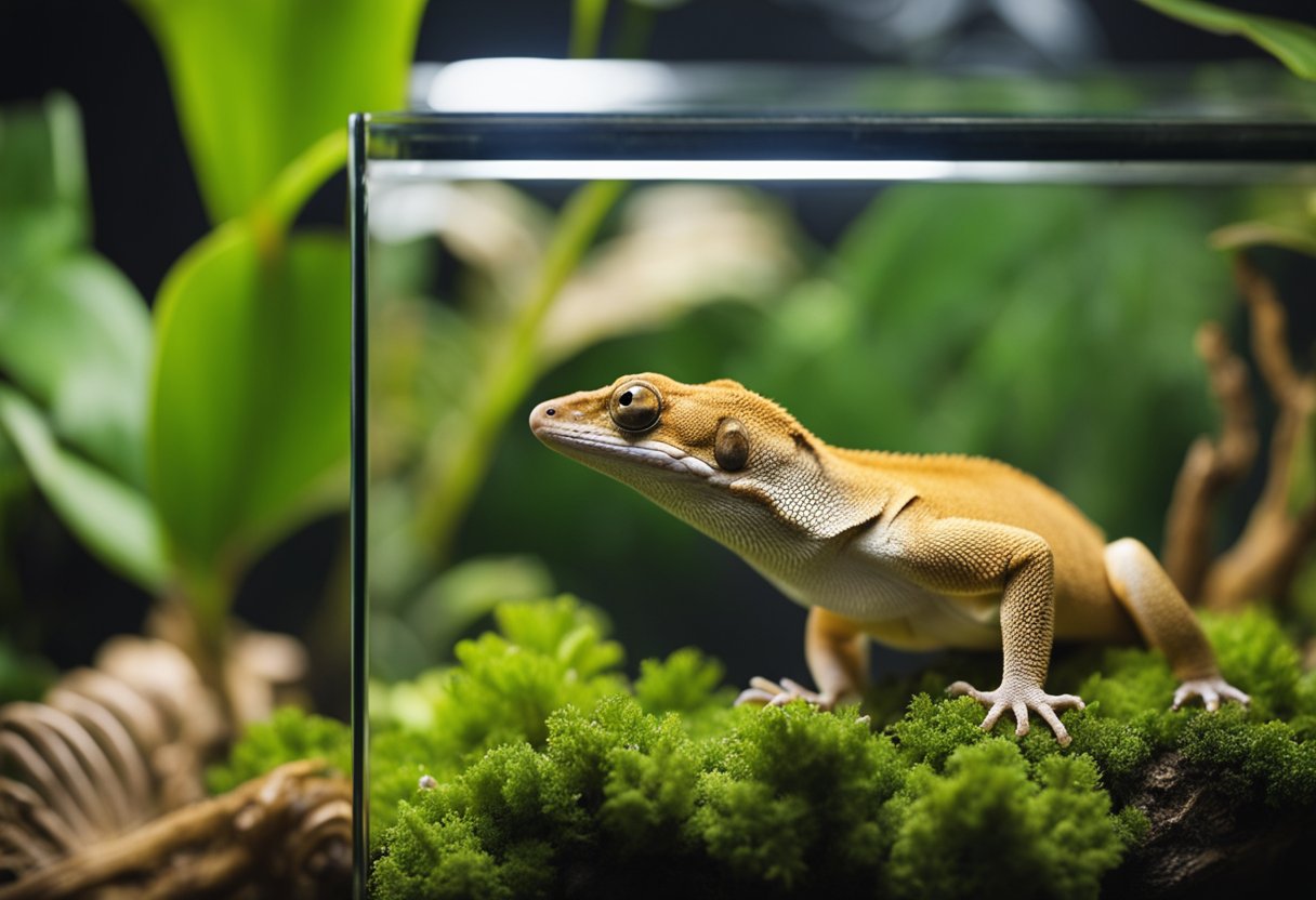 A crested gecko sits on a branch in a terrarium, surrounded by foliage and climbing structures. A price tag or dollar sign is visible nearby