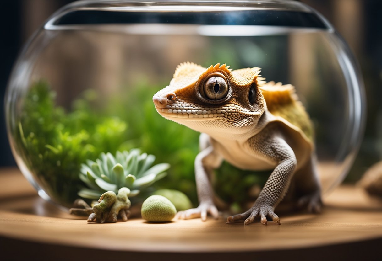A table with various items: terrarium, heating pad, food dishes, and a price list. A crested gecko sits in the terrarium