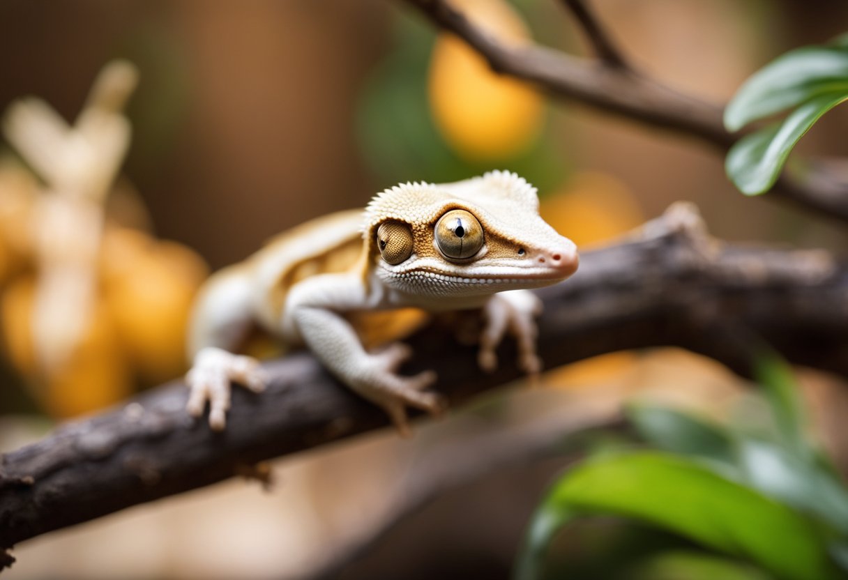 A crested gecko sits on a branch surrounded by various items such as food, water dish, and substrate. A price tag is visible next to the gecko