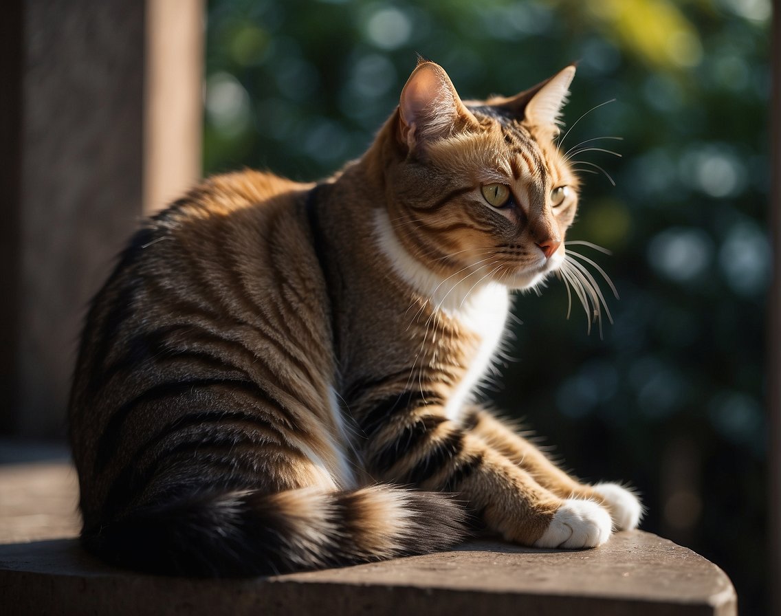 A mother cat sits alone, gazing into the distance with a pensive expression, her eyes reflecting a sense of longing and sadness