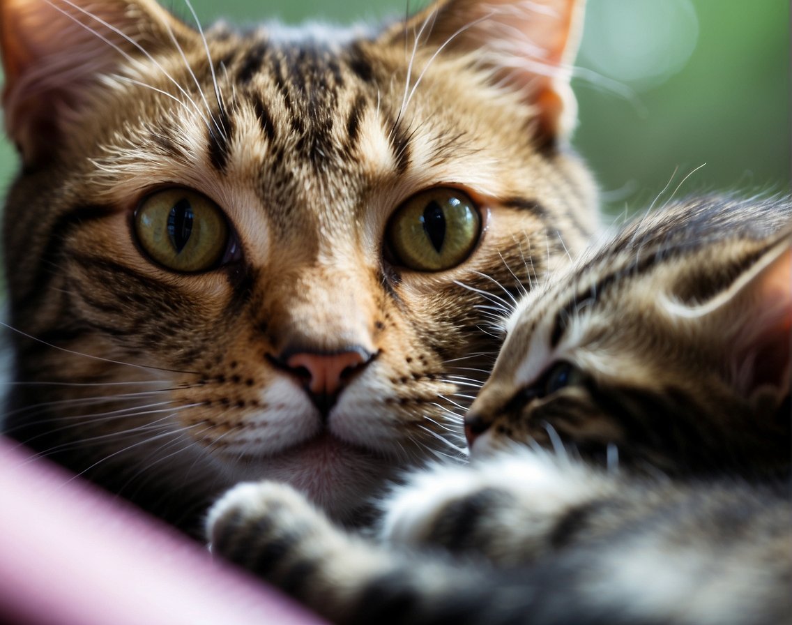 A mother cat nuzzles her kittens, purring softly. As they grow, she watches proudly, then sadly as they leave to start their own lives