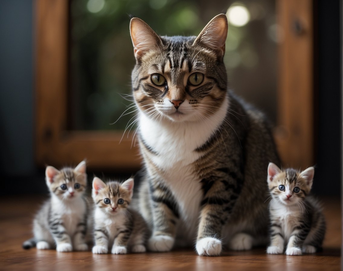 A mother cat sits alone, gazing at a photo of her kittens. She appears wistful, with a hint of sadness in her eyes, as she longs for their presence