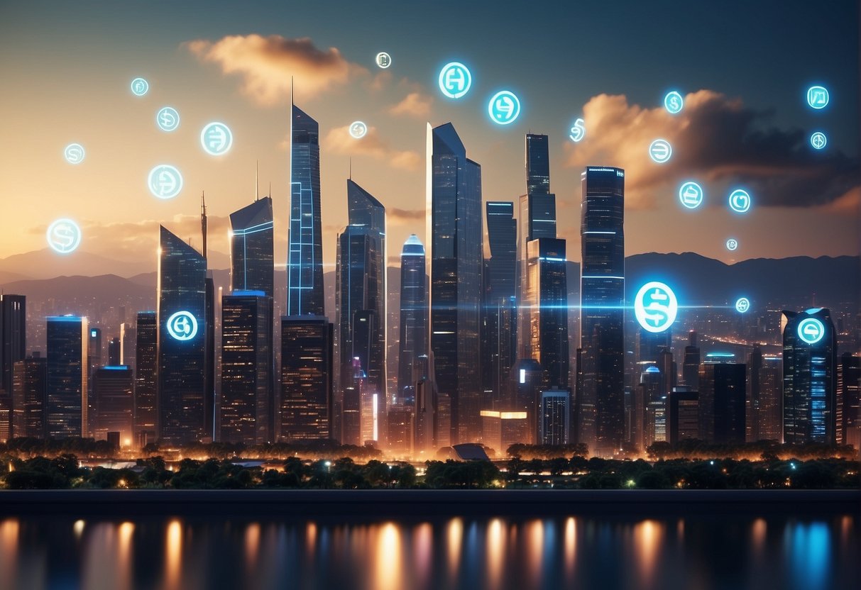 A futuristic city skyline with digital currency symbols floating in the air, representing the rise of DeFi and its investment potential