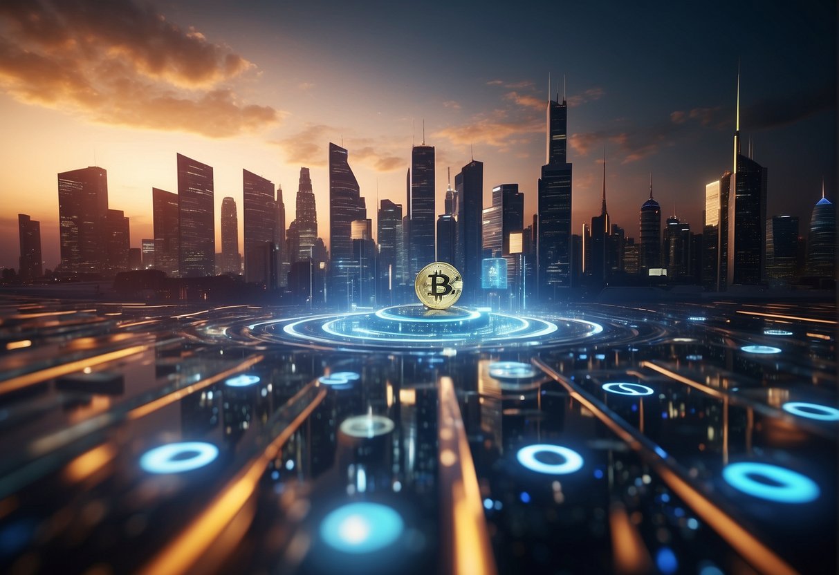 A futuristic city skyline with digital currency symbols floating above buildings, representing the future of cryptocurrencies and investment opportunities