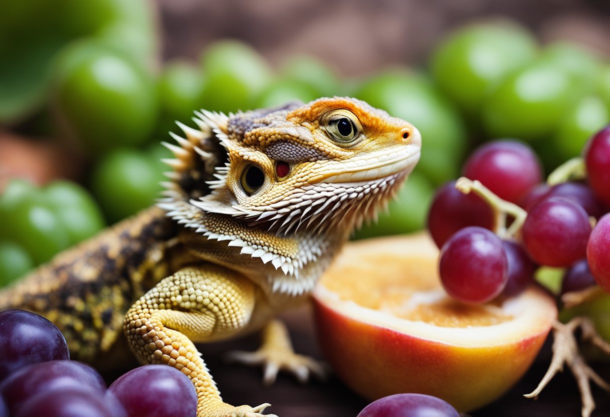 A bearded dragon munches on a juicy grape, its tongue flicking out to capture the sweet fruit