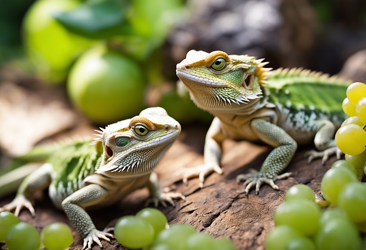 Bearded dragons eating grapes, their tongues flicking out to catch the juicy fruit, their eyes focused and content