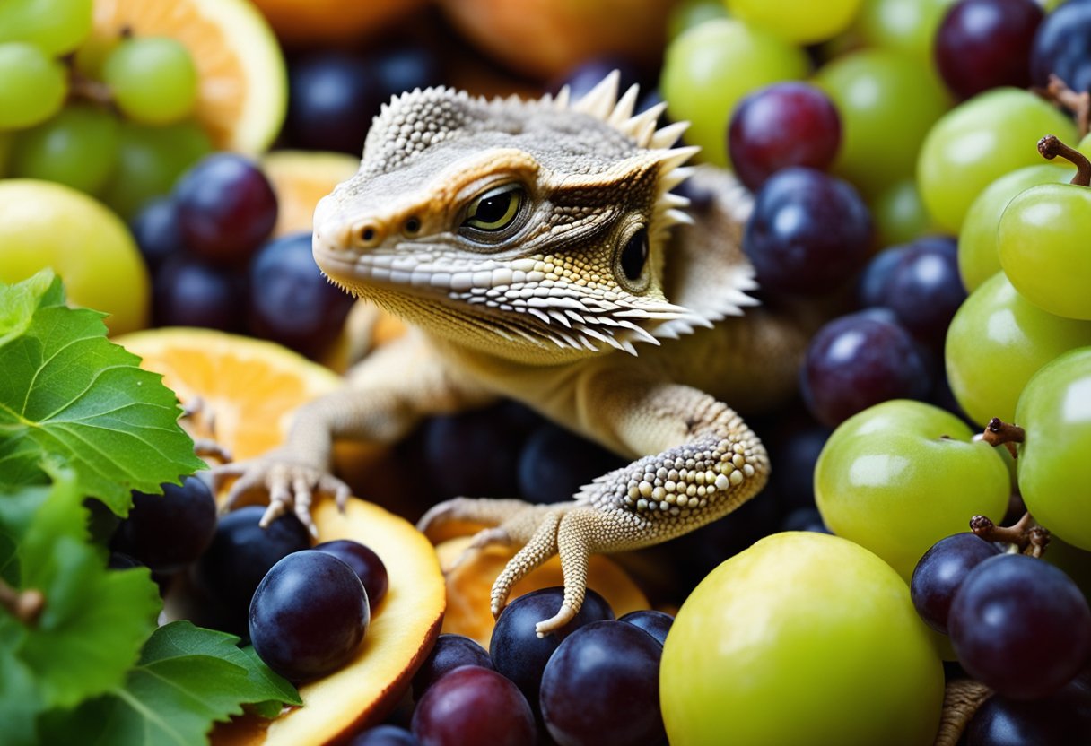 A bearded dragon surrounded by various fruits, with a question mark over a bunch of grapes