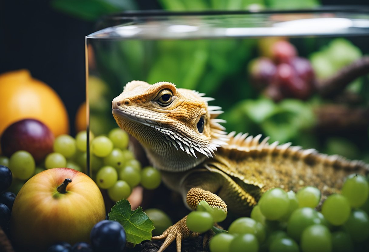 A bearded dragon sits in its terrarium, surrounded by various fruits. A grape is placed near its mouth as it gazes at the fruit