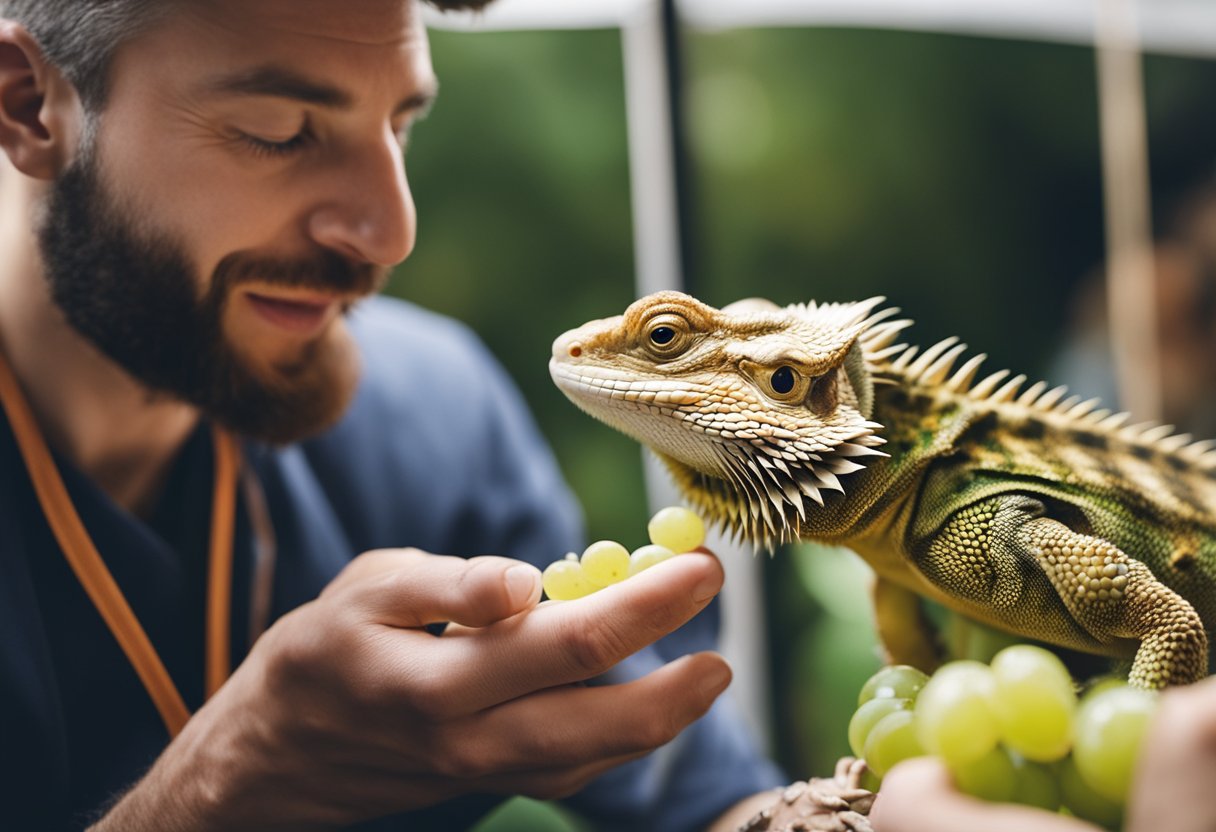 A bearded dragon is being fed grapes by a veterinarian, who is also providing dietary advice