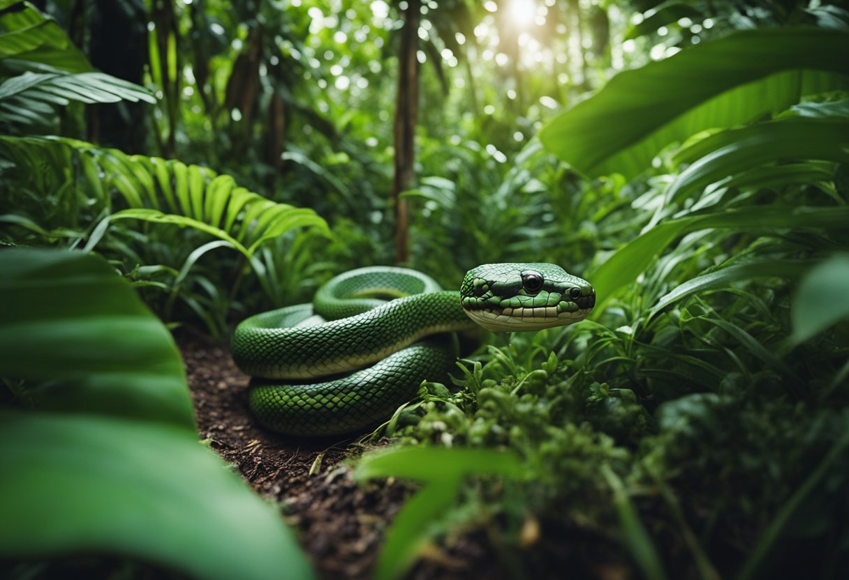 Lush Hawaiian landscape with native flora and fauna. A snake slithers through the underbrush, causing concern for the delicate ecosystem