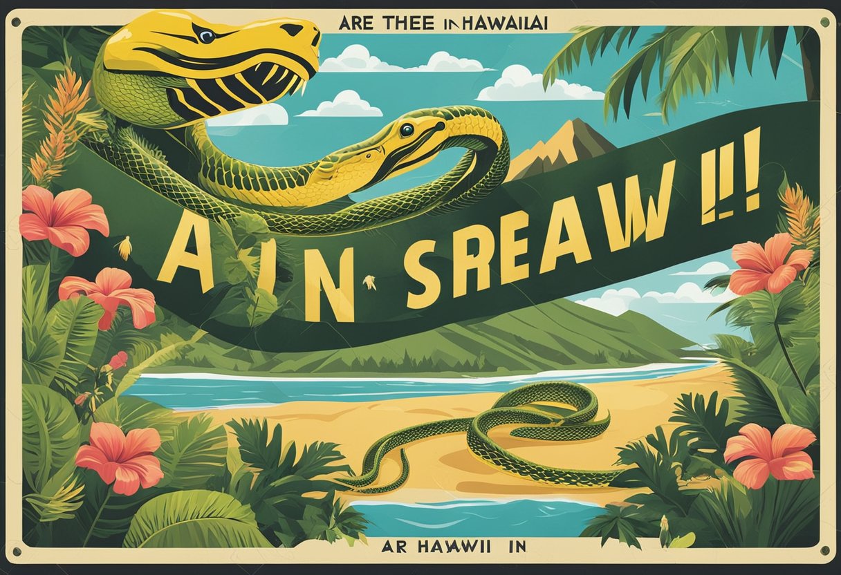 A colorful poster with a bold title "Are There Snakes in Hawaii?" surrounded by images of native wildlife and warning signs