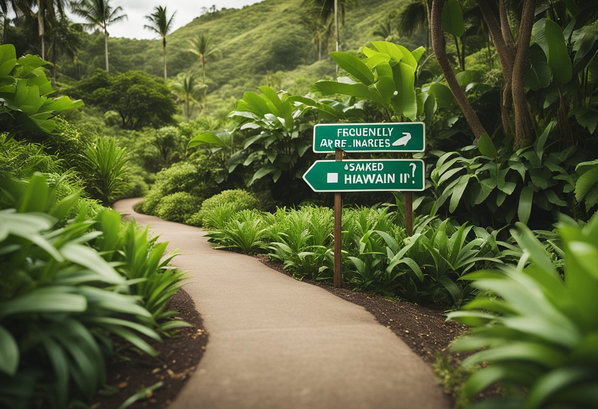 A serene Hawaiian landscape with lush greenery and a winding path, with a sign reading "Frequently Asked Questions: Are there snakes in Hawaii?" visible in the foreground