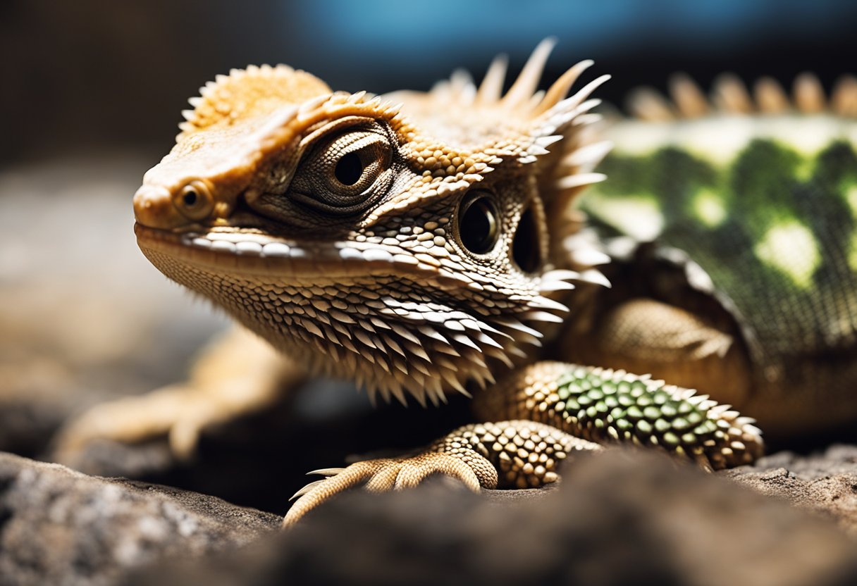 A bearded dragon, about 18-24 inches long, basking on a rocky surface under a heat lamp, with its spiky beard and scales clearly visible