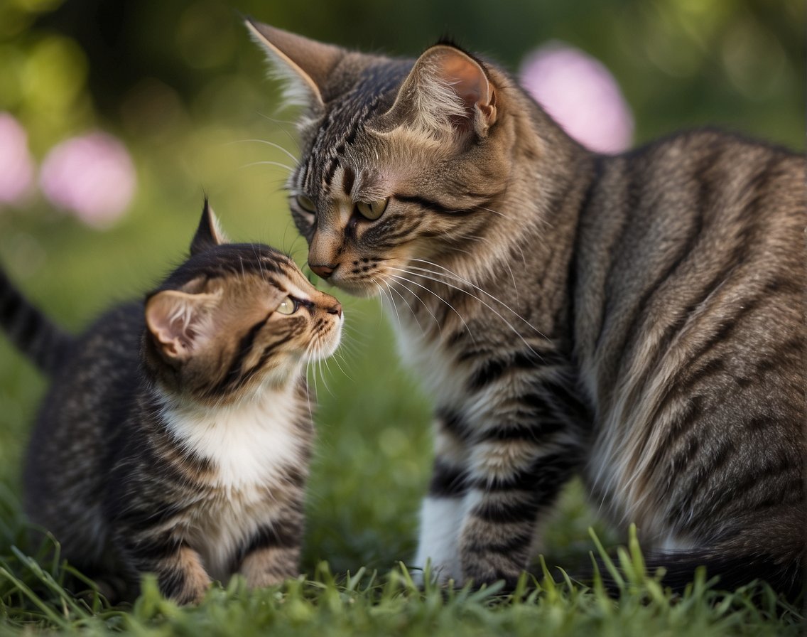 A mother cat hisses and swipes at her older kittens, ears flattened and fur bristling. The kittens cower, tails tucked, as the mother asserts her dominance