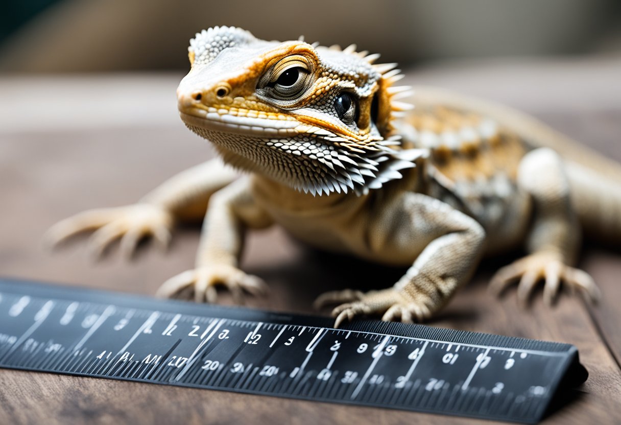 A bearded dragon sits next to a ruler, showing its full length