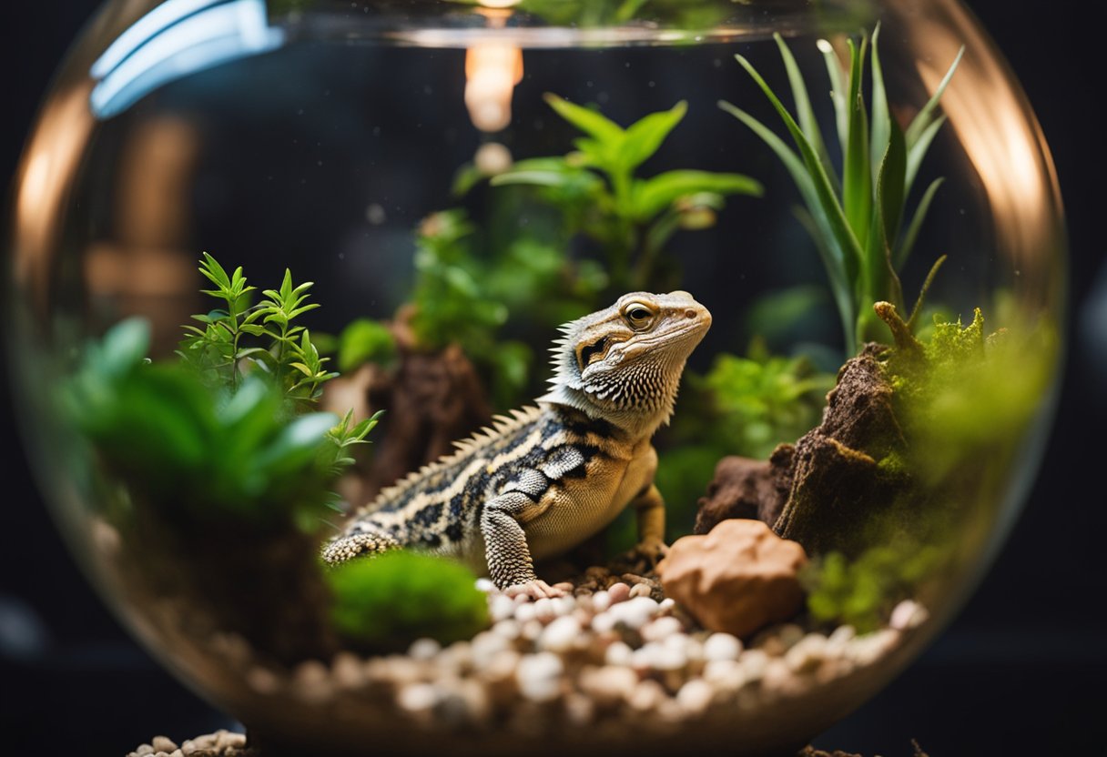 A spacious terrarium with various hiding spots, climbing branches, and a heat lamp. A bearded dragon basking under the warmth, surrounded by a variety of enriching toys and a shallow water dish