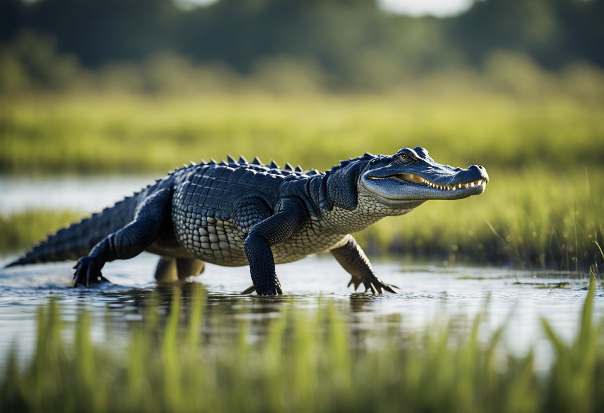 An alligator sprints across the marsh, its powerful legs propelling it forward with surprising speed