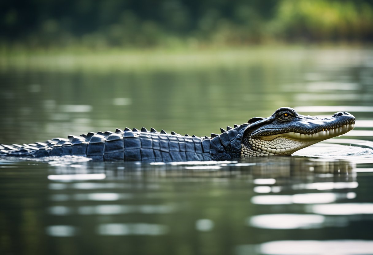 An alligator swiftly propels itself through the water, its powerful tail thrashing behind as it moves with impressive speed