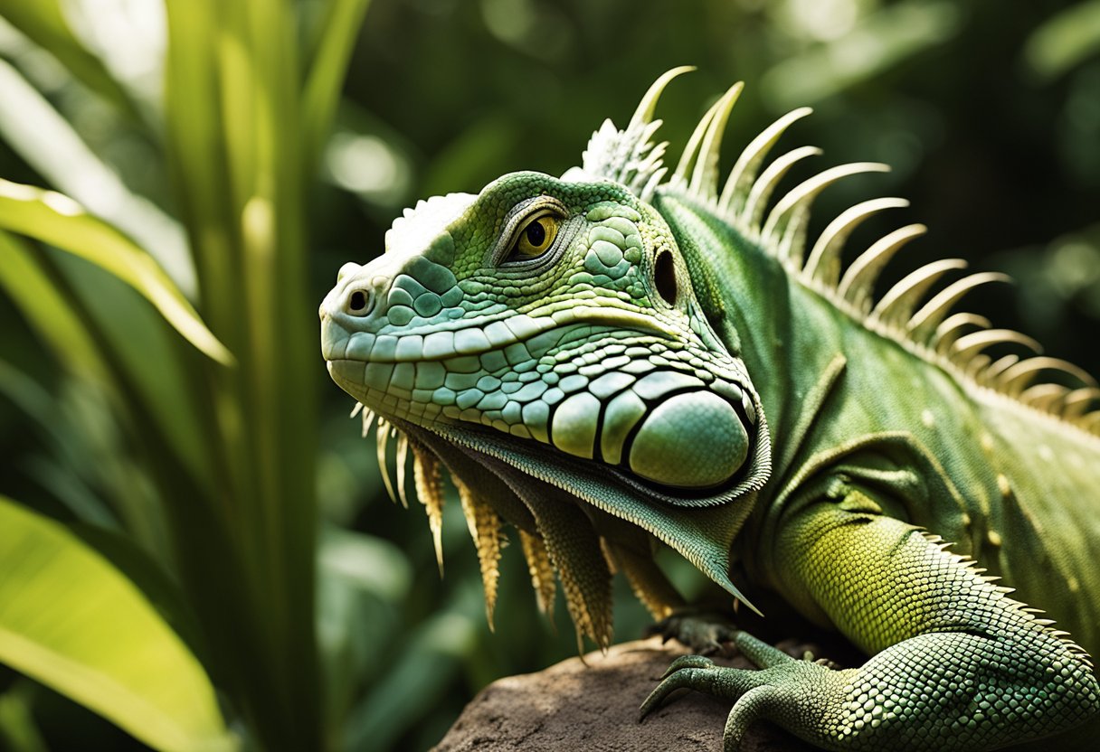 An iguana basks on a sun-drenched rock, with lush greenery in the background. Its scales glisten in the warm light, and its eyes scan the surroundings with a sense of calm and curiosity