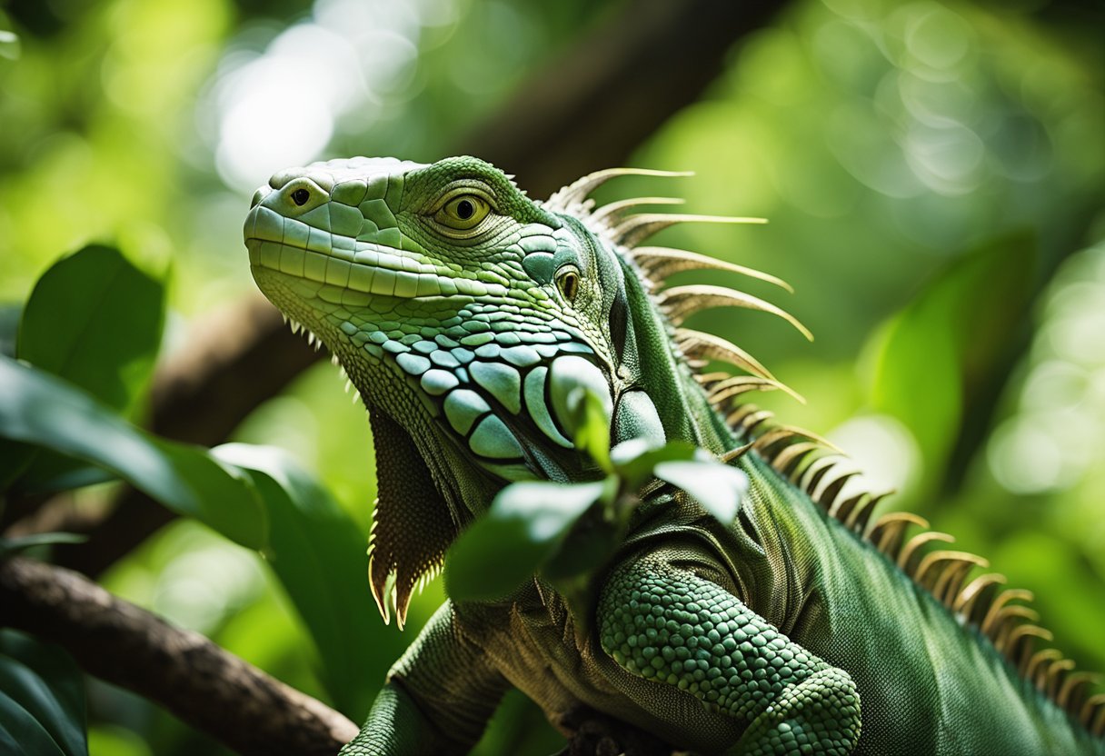 An iguana basking on a tree branch in a tropical forest, surrounded by lush green foliage and sunlight filtering through the canopy