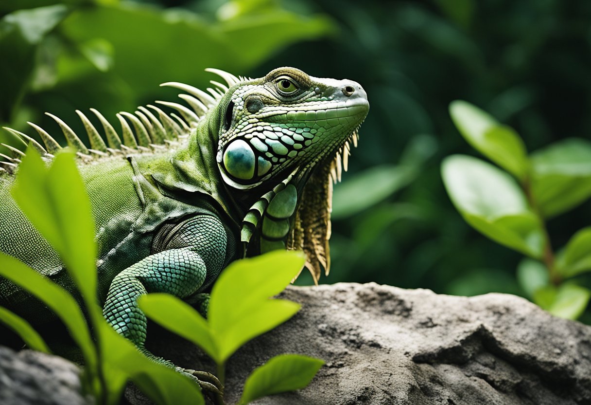An iguana basking on a rocky outcrop, surrounded by lush green foliage. Its scales are vibrant and its eyes alert, depicting a healthy specimen