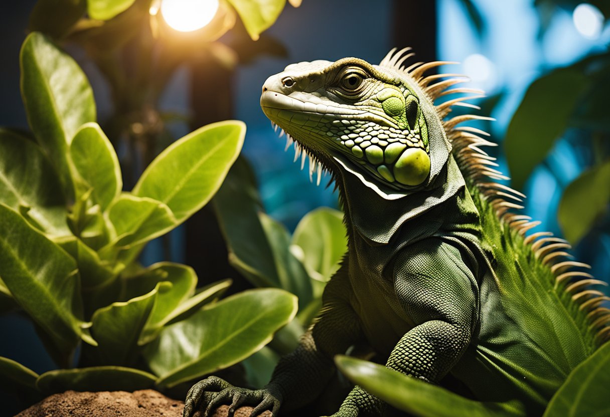 An iguana basking on a rock under a heat lamp, surrounded by plants and a water dish. A sign nearby reads "Care Tips for Longevity: how long do iguanas live?"