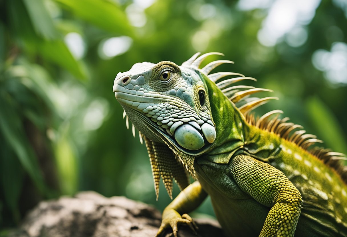 Various iguanas in natural habitats, displaying different colors and sizes. Some basking in the sun, others climbing trees or eating vegetation